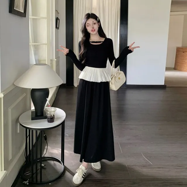 Women's Long sleeved Top High waisted Slim Skirt Two piece Set Black Suit - Shop at LoveMi