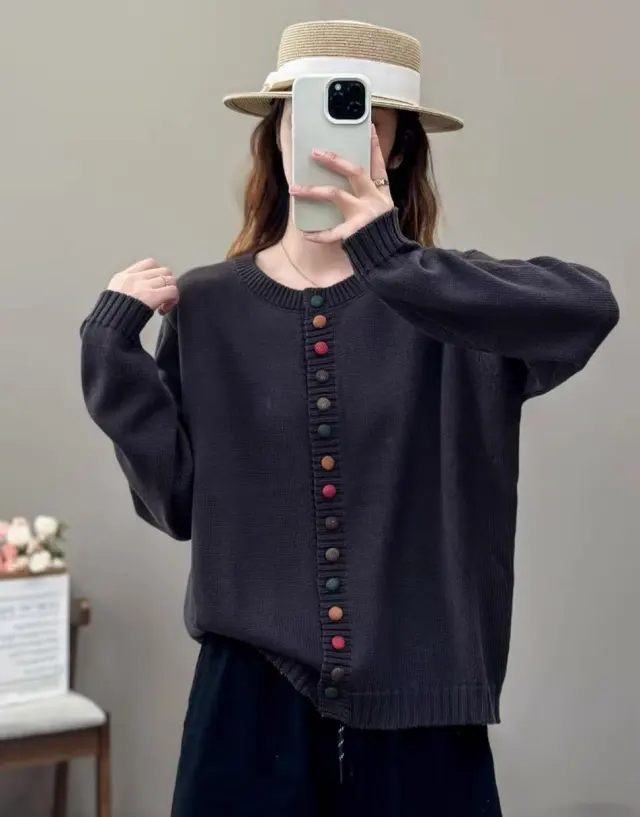 Women's Cotton Knitted Cardigan With Color Buckle Fashion Loose Gray - Shop at LoveMi