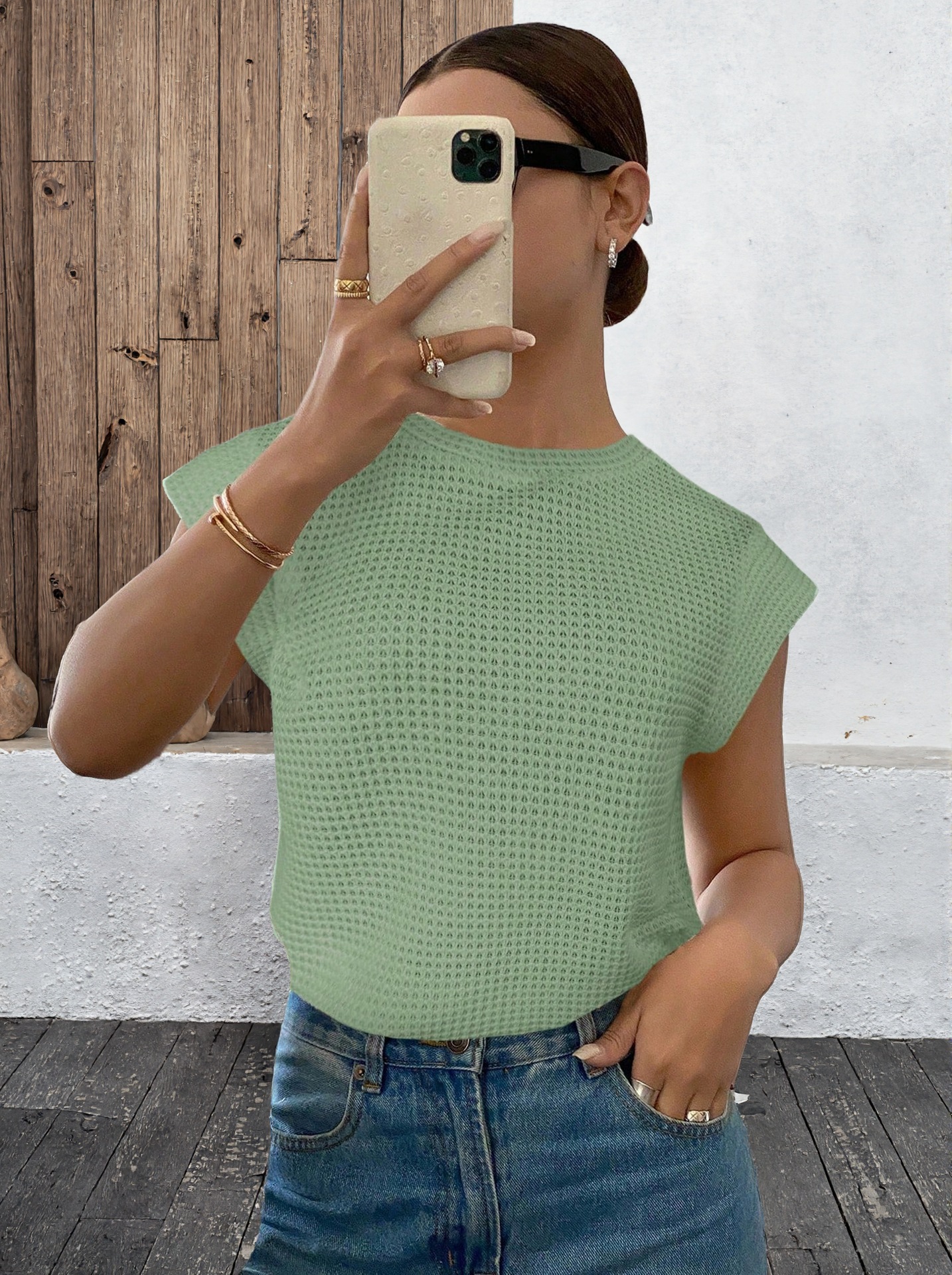 Womens Casual Crew-Neck Sleeveless Hollow-Out T-Shirt