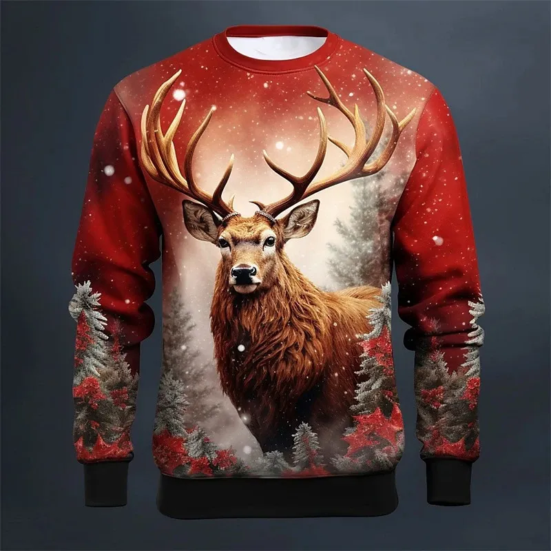 Christmas Elk Printing Round Neck Sweater Base Shirt Color Matching - Rnst2410307-S