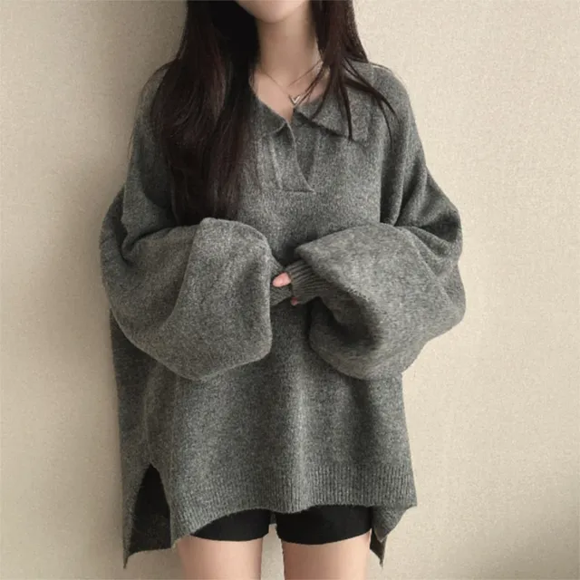 Idle Style Loose Mid length Pullover Sweater Velvet Polo Collar Sweater Gray - Shop at LoveMi
