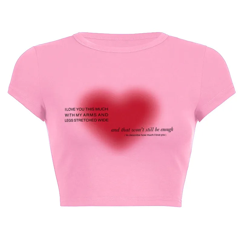 New Summer Women's Clothes DIY Printing Love Heart English Cropped T-shirt - Pink