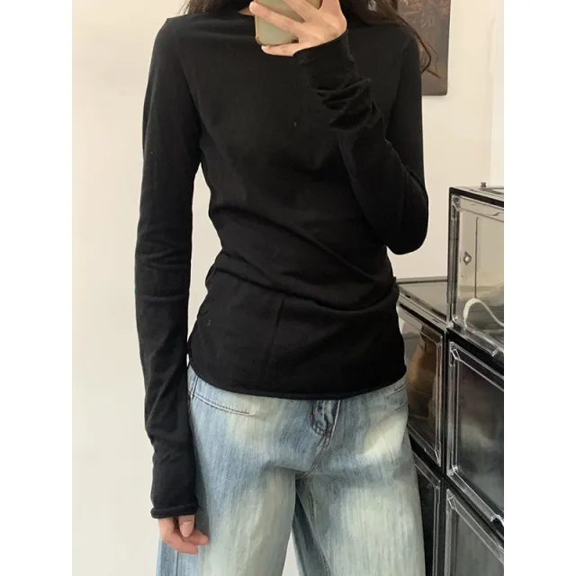 Inner Basic Style Laid back Long Sleeve T shirt Black - Shop at LoveMi