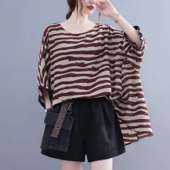 Summer Women's Loose Plus Size Striped Batwing Sleeve T-shirt - Coffee Stripes - View 1