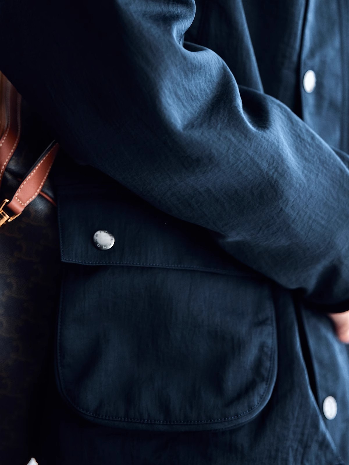 Men's Contrast-Collar Zip-Up Field Jacket - navy pocket construction and fabric texture