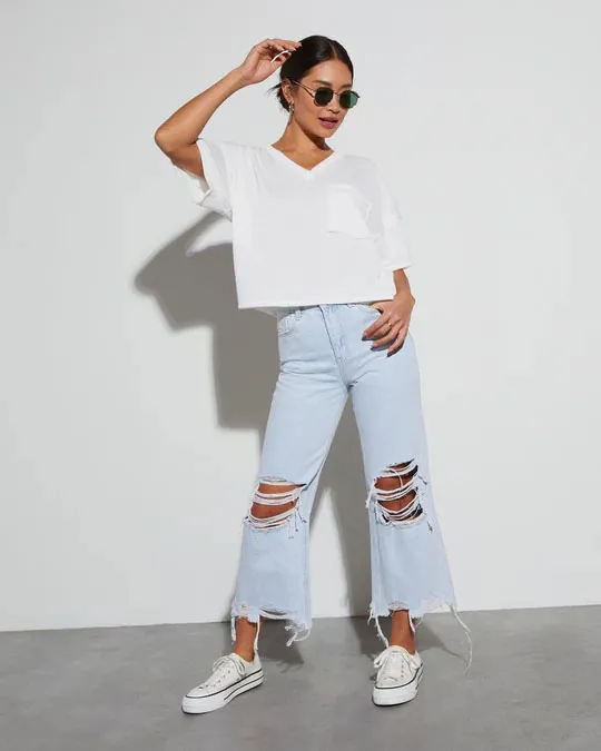 Women's Casual Loose Mid Waist Ripped Cropped Jeans Light Blue - Shop at LoveMi