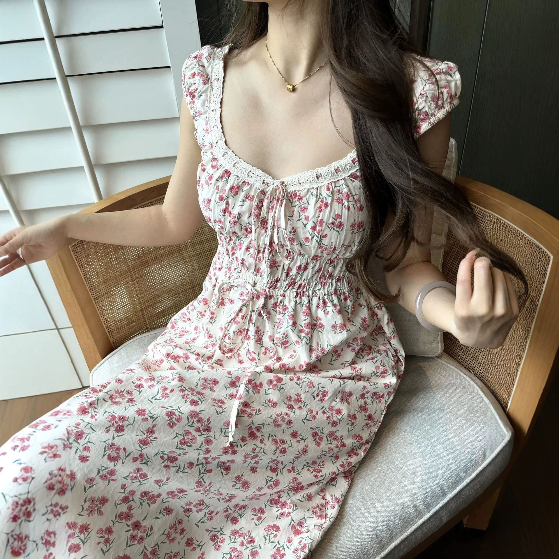 Womens Country-Style Floral Print U-Neck Lace-Up Dress