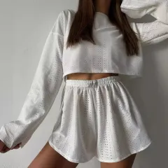 Hollow Long-sleeved Suit With Loose Round-neck Tops And Elastic Split Shorts Fashion Women's Clothing - White - View 1
