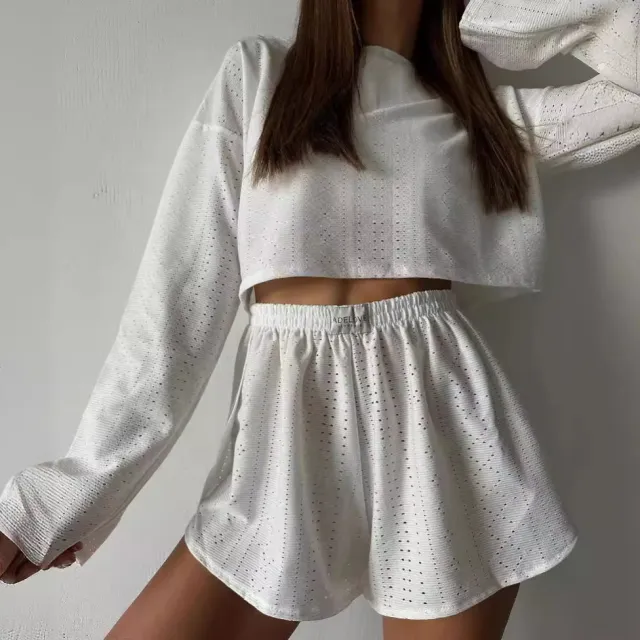 Hollow Long sleeved Suit With Loose Round neck Tops And Elastic Split Shorts Fashion Women's Clothing White - Shop at LoveMi