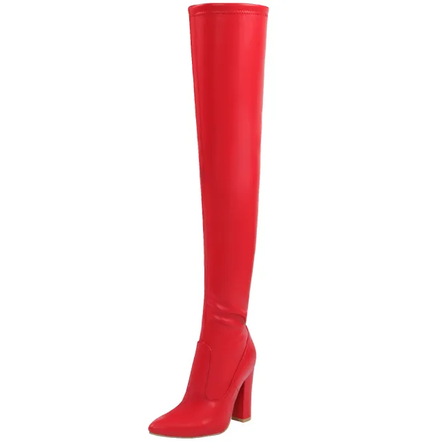 Winter NewSolid Color Pointed Thick High Heel Over the knee Boots Red - Shop at LoveMi