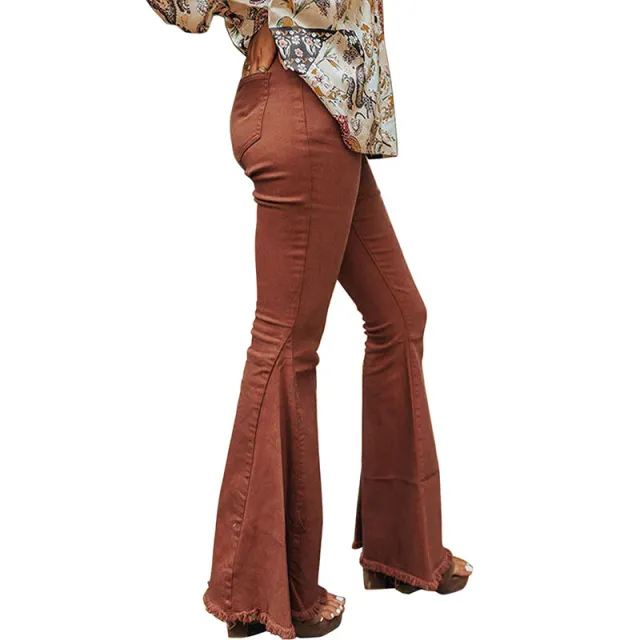 Solid Color Pocket Button High Waist Jeans Reddish Brown - Shop at LoveMi