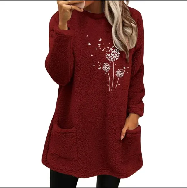 Plant Print Double sided Velvet Pocket Round Neck Sweater Wine Red - Shop at LoveMi