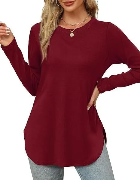 Solid Color Long sleeved Top Round Neck Loose Casual Bottoming Shirt Wine Red - Shop at LoveMi