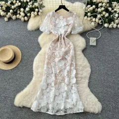 Elegant Flower Embroidery Round Neck Slim Waist Fishtail Dress - White - View 1