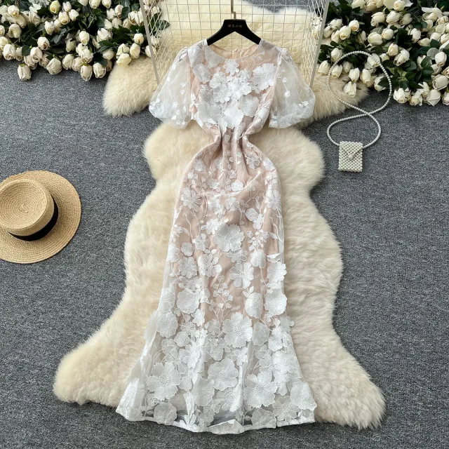 Elegant Flower Embroidery Round Neck Slim Waist Fishtail Dress White - Shop at LoveMi