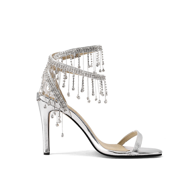 Minimalist Single-strap Sandals Round-toe Tassel-detail Stiletto Heels — detail view 3