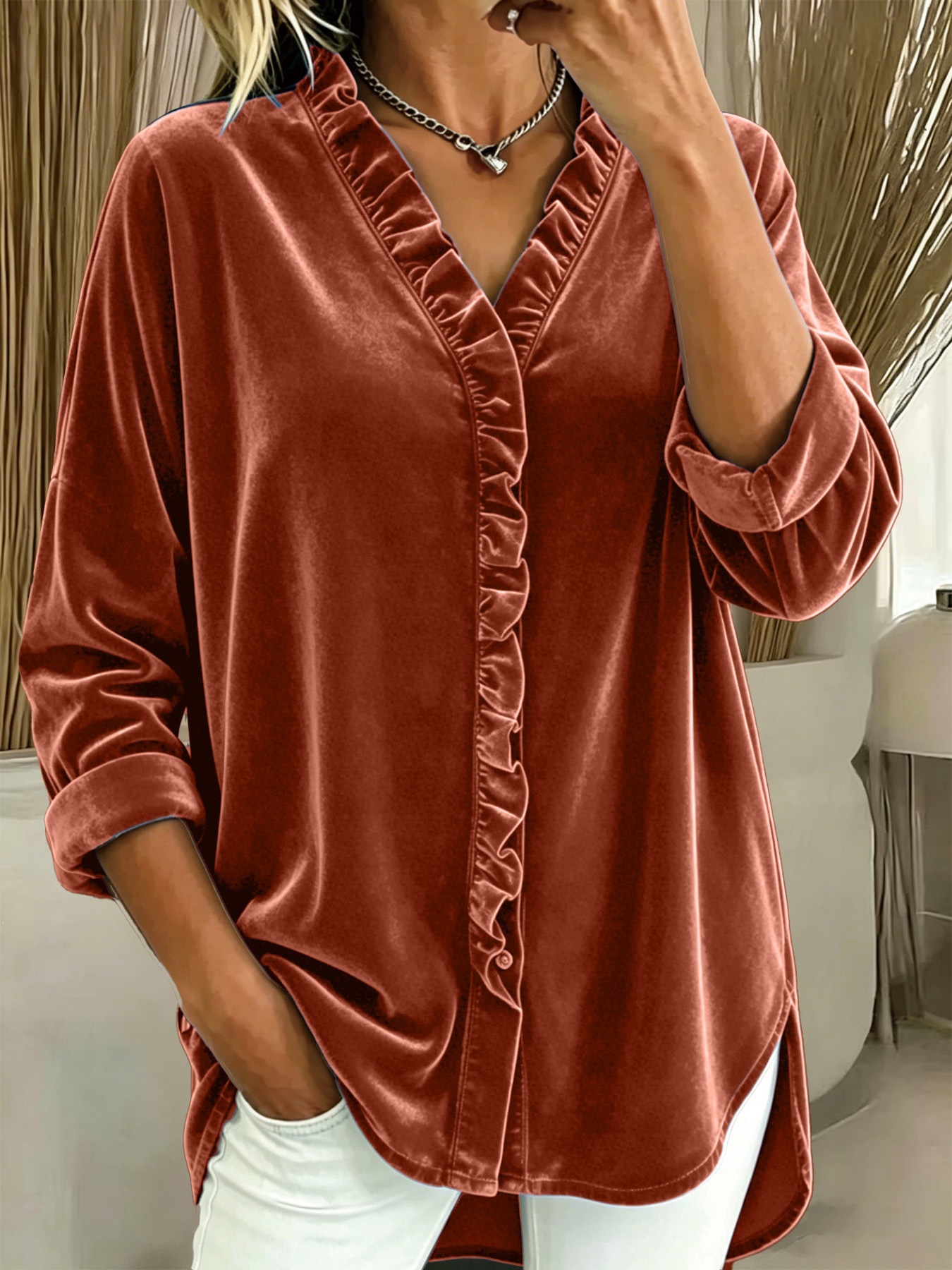 Women's ruffle trim velvet blouse — solid color long sleeve