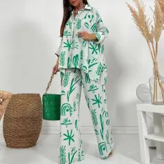 Plus Size Casual New Straight Pants Shirt Two-piece Set - Green - View 1