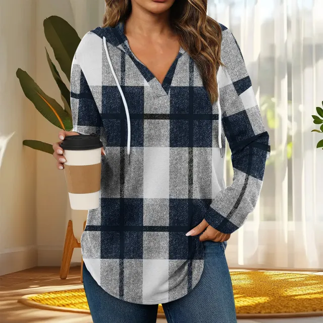 Hooded Pullover V neck Adjustable Drawstring Casual Plaid Long Sleeve Navy Blue - Shop at LoveMi