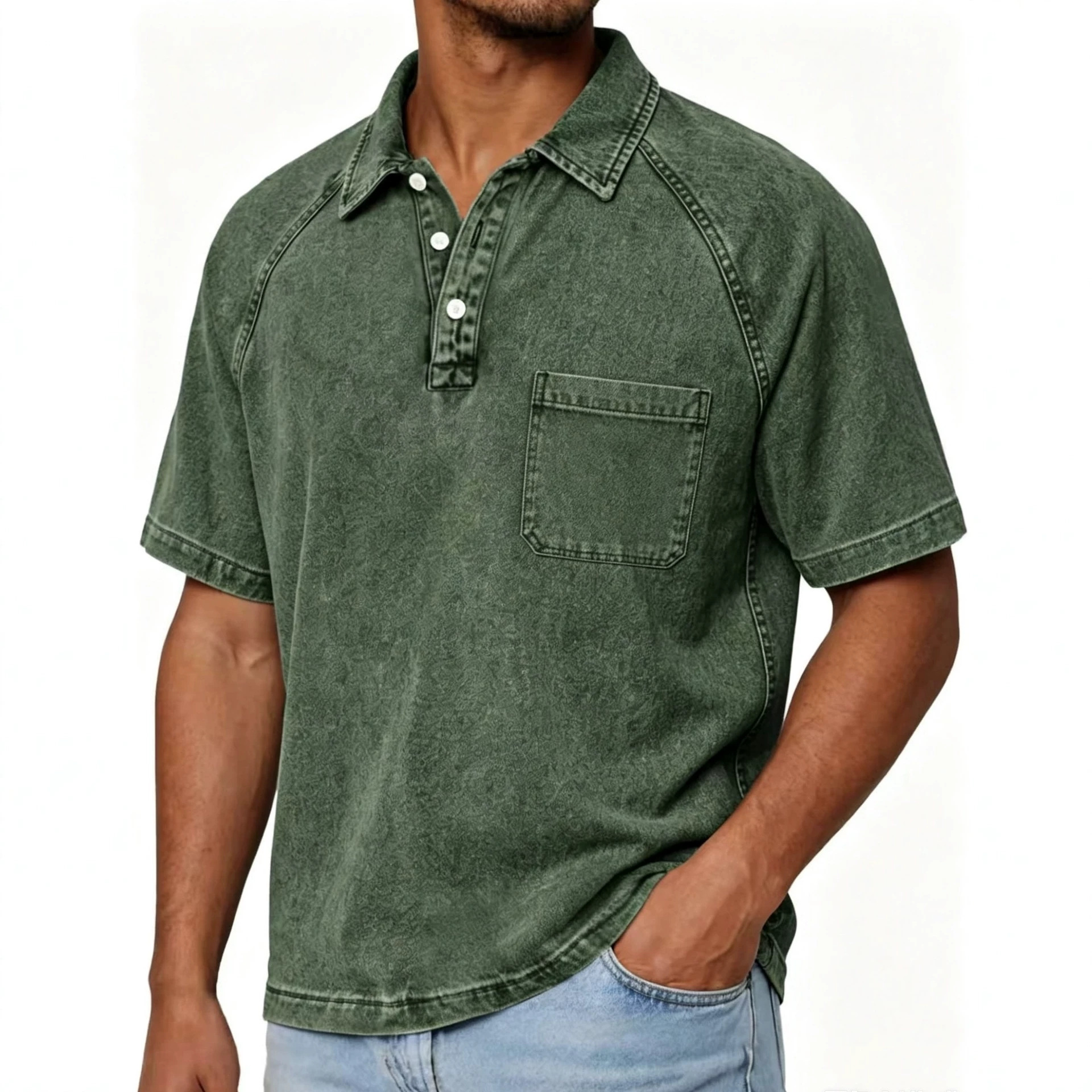 Mens Washed-and-Aged Cotton Denim Polo Shirt With Lapel, American-Style Blouse For Men