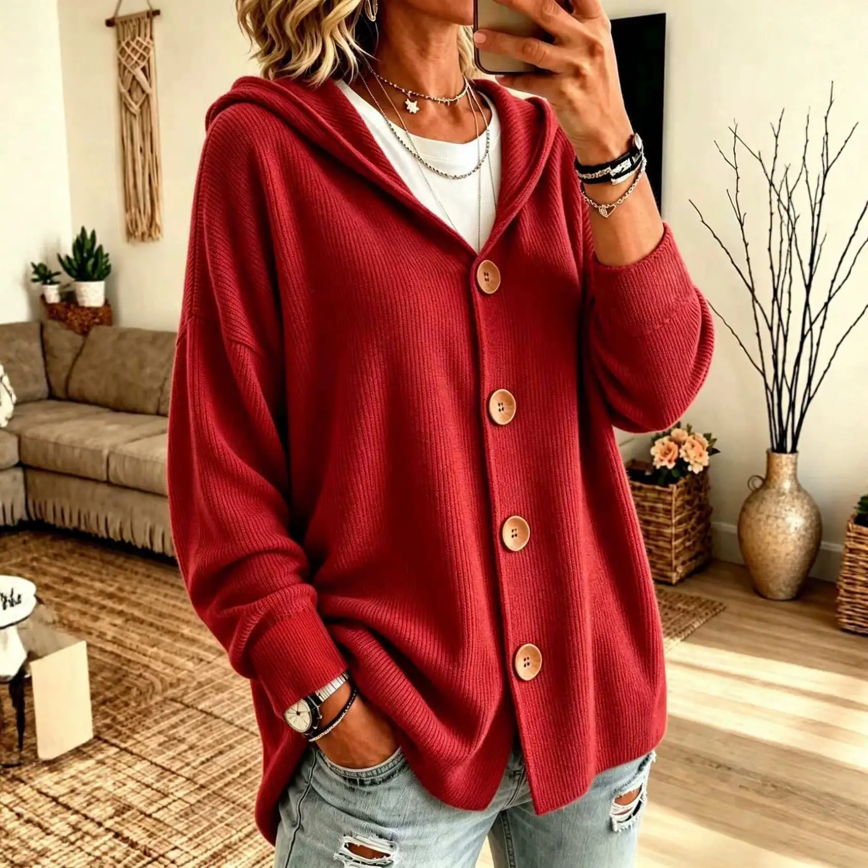 Womens Solid-Color Fashionable Corduroy Hooded Coat
