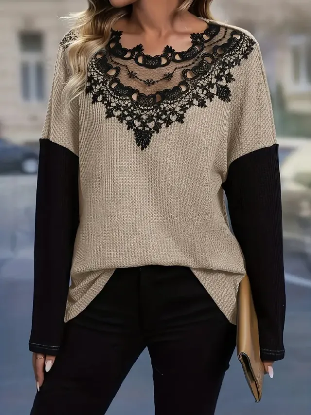 Trade Lace Stitching Hollow Loose Long Sleeve Top Khaki - Shop at LoveMi