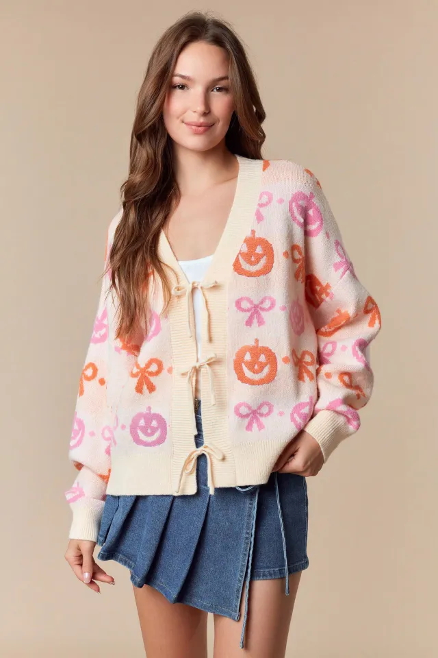 New Jacquard V neck Cardigan Women's Long sleeved Sweater Pink Pumpkin - Shop at LoveMi