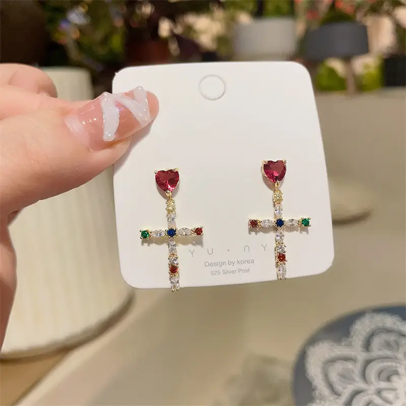 Simple Temperamental Exquisite Light Luxury Micro Inlaid Zircon Color Cross Stud Earrings