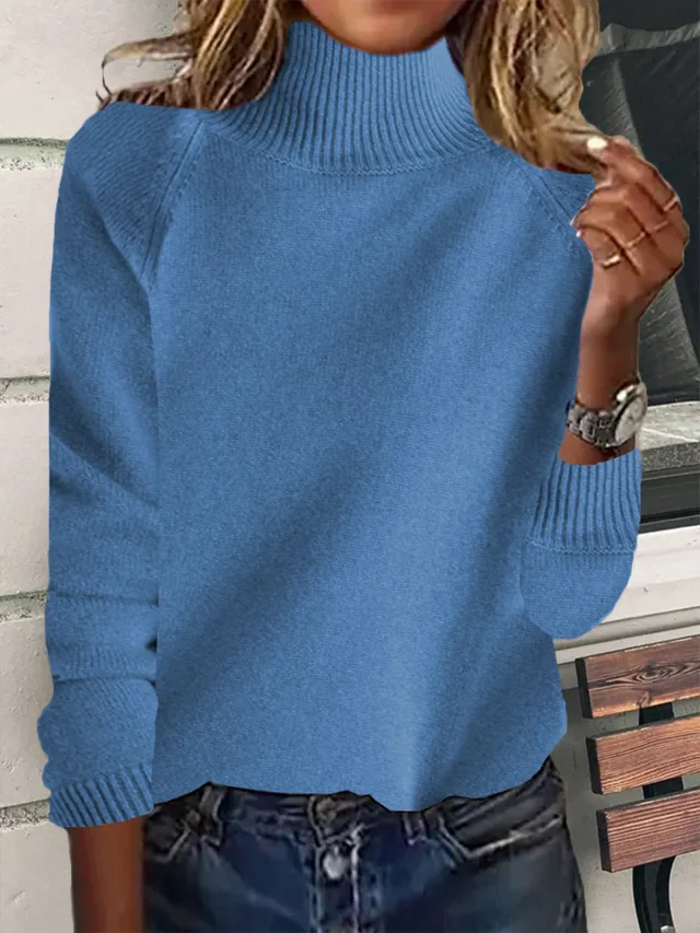 Women's Raglan Turtleneck Sweater Thickened High Stand Collar Blue - Shop at LoveMi