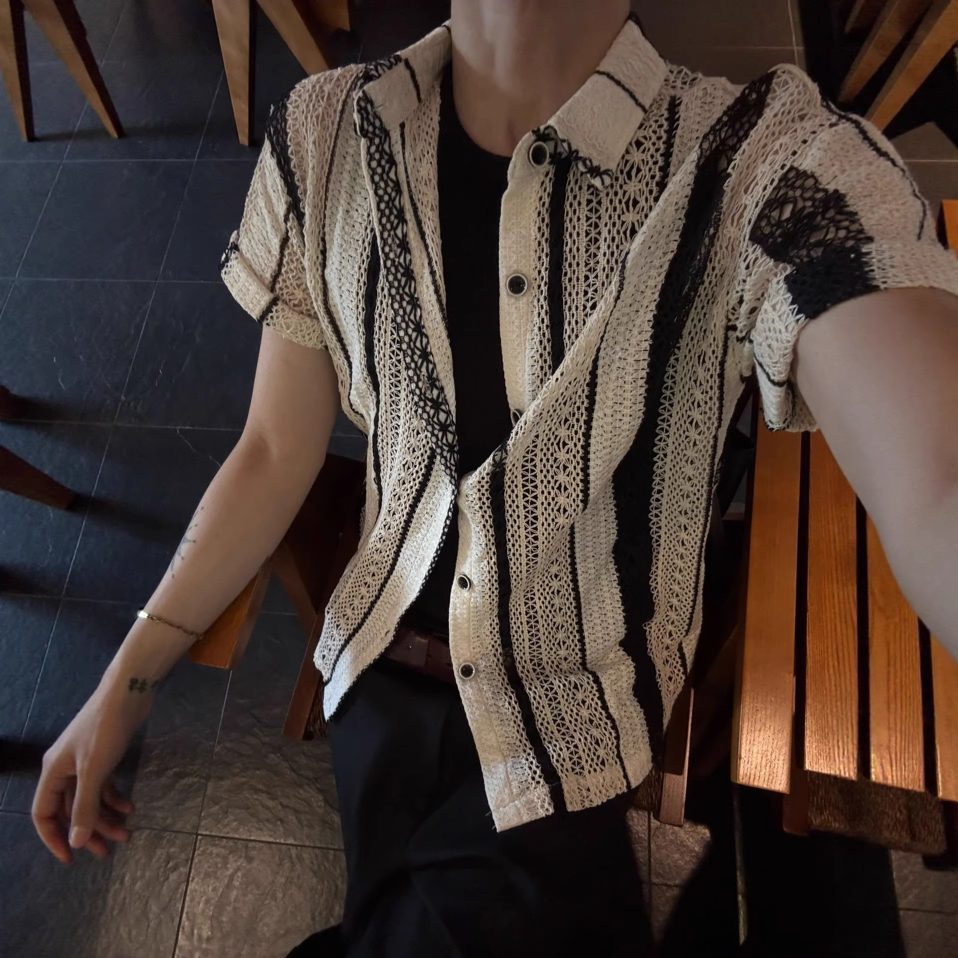 Striped Contrasting Color Hollow-Out Knitted Short-Sleeve Shirt