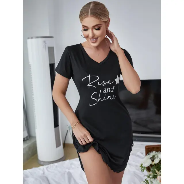 Women's Fashion Short Sleeve One piece Pajamas Dress Black - Shop at LoveMi