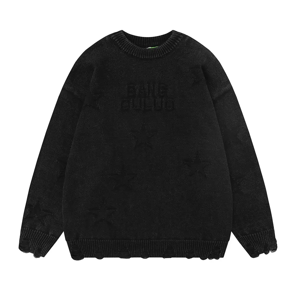 Loose-fitting Casual Round-neck Distressed Washed Pullover Sweater