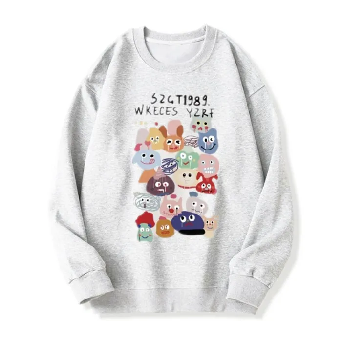 American Idle Style Loose Round Neck Sweater For Women - Flower Gray And White