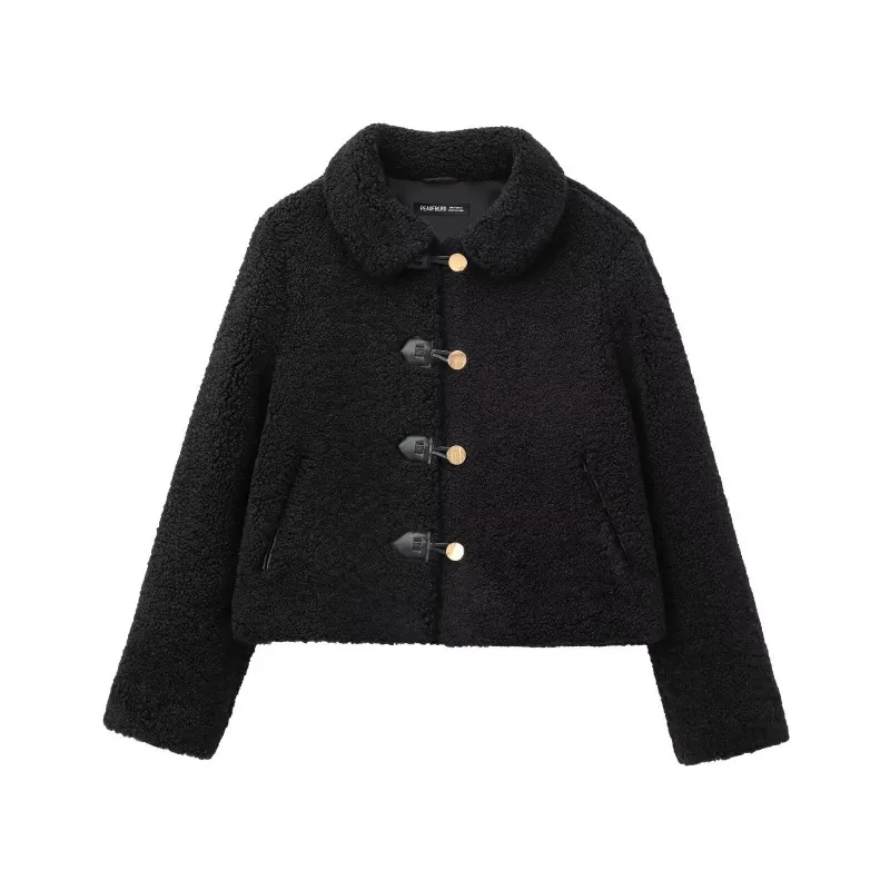 Womens All-Match Fleece Thermal Turtleneck Long-Sleeve Fluffy Short Coat For FallWinter - Black