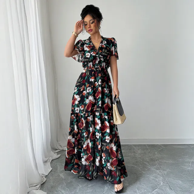 Advanced Minimalist Style Deep V Printed Slit Long Dress Women's Short Sleeve Black - Shop at LoveMi