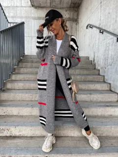 Women's Long Cardigan Striped European And American Style Women Knitted Sweater - Grey - View 1