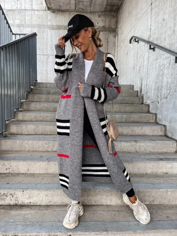 Women's Long Cardigan Striped European And American Style Women Knitted Sweater Gray - Shop at LoveMi
