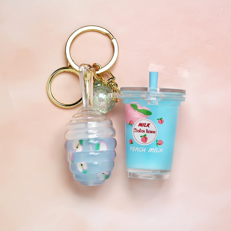 Peach Floating Milky White Teacup Lip Gloss Pendant Key Ring
