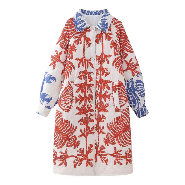 Autumn Women's Fashion Printed Mid length Cotton Clothing Coat Red - Shop at LoveMi