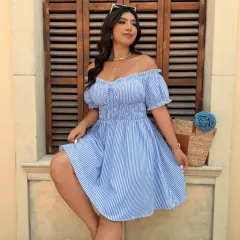 Fashion Casual Vertical Stripe Shirt Dress - Blue - View 1