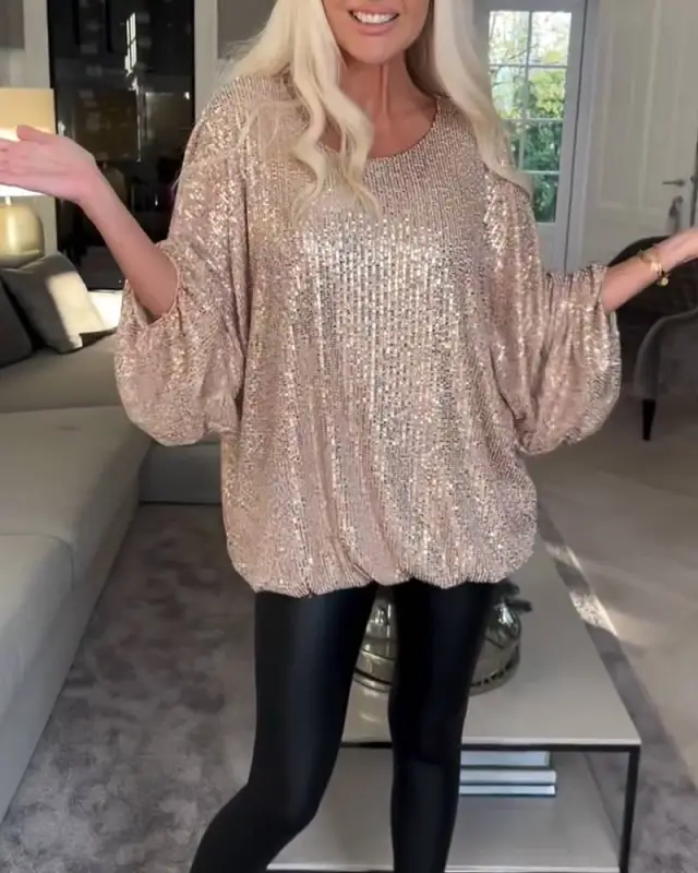 European And American New Round neck Sequin Long sleeve Loose Top Champagne Xxxl - Shop at LoveMi