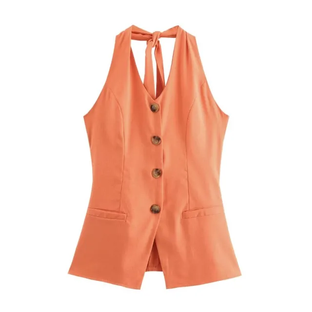 Women's Linen Halter Lace up Top Vest Elastic Waist Wide Leg Trousers Suit Orange Top - Shop at LoveMi