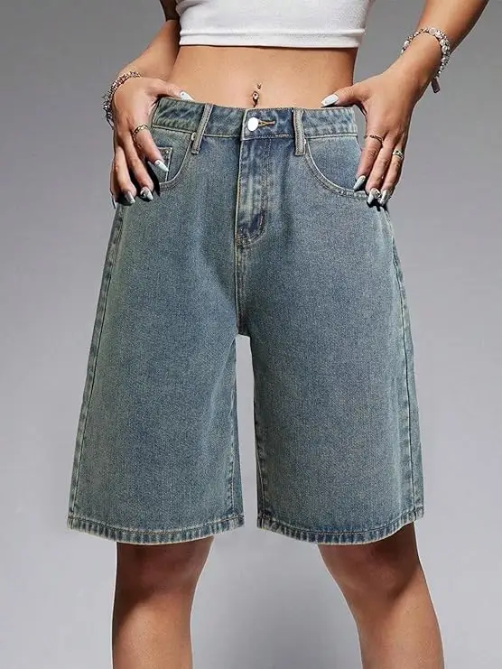 Casual Mid-Waist Straight-Cut Cropped Denim Womens Pants