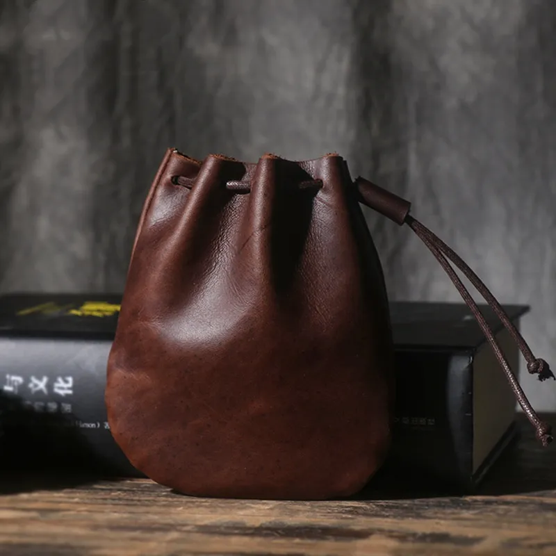 Vintage Cowhide Drawstring Bundle Wallet - Chocolate-L