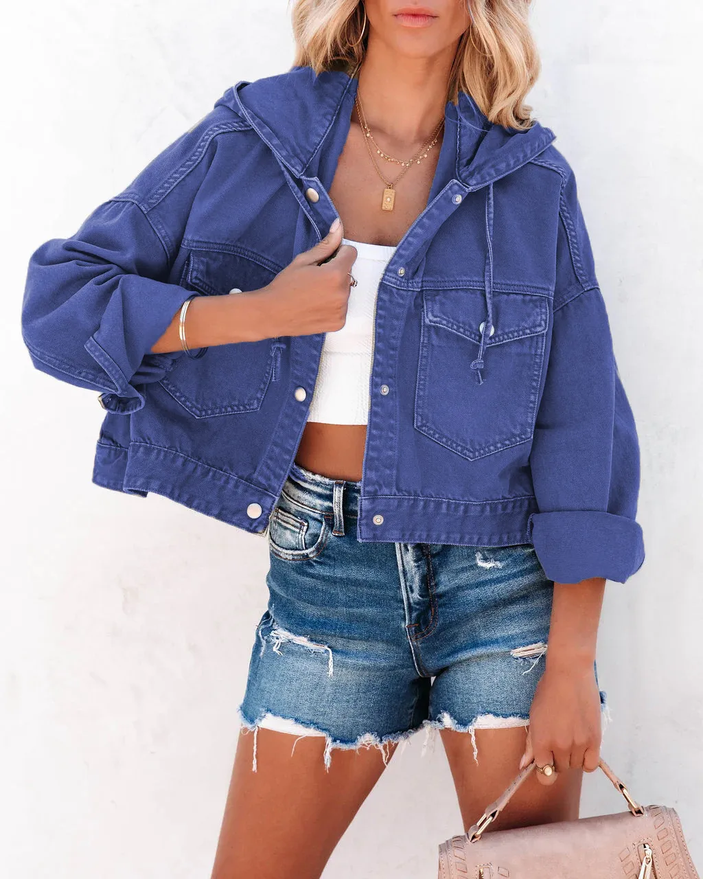 Hooded Washed Denim Jacket - Blue