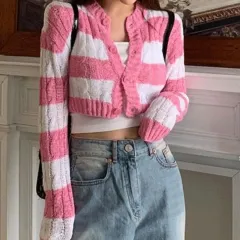 Autumn Women's Mixed Colour Stripe Thin Cardigan Jacket Knitwear - Pink - View 1