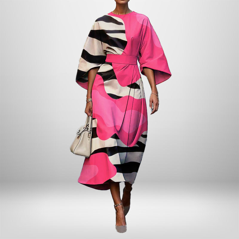 Women's Elegant Fashion Print Round Neck Long Dress Pink And Black Stripe - Shop at LoveMi