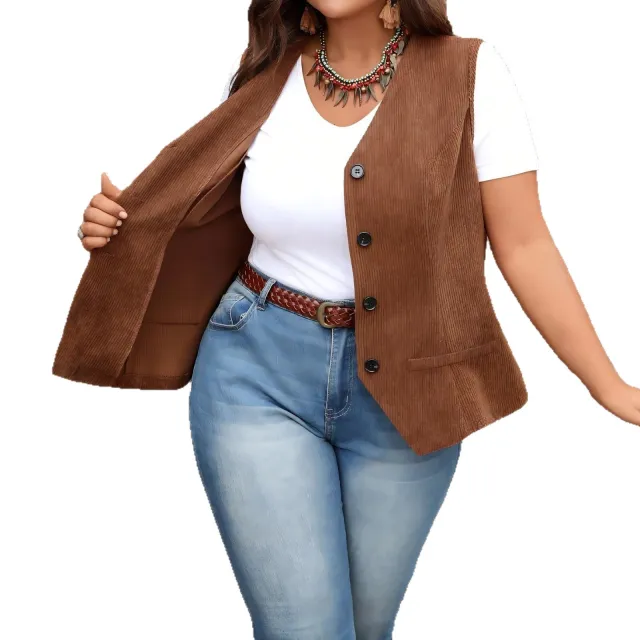 Women's Solid Color Loose Fit Slim Corduroy Vest Coat Bronze - Shop at LoveMi