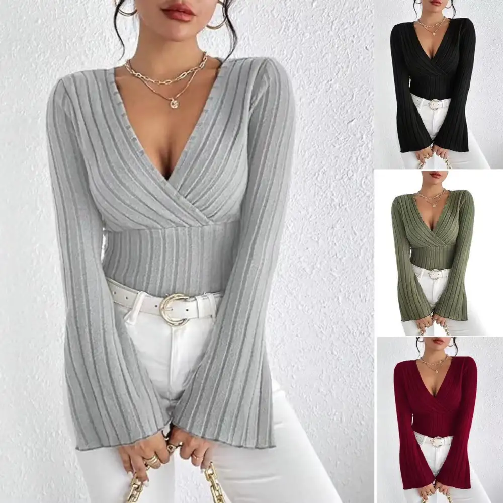 Women's Autumn and Winter Rib Sunken Stripe V-neck Flared