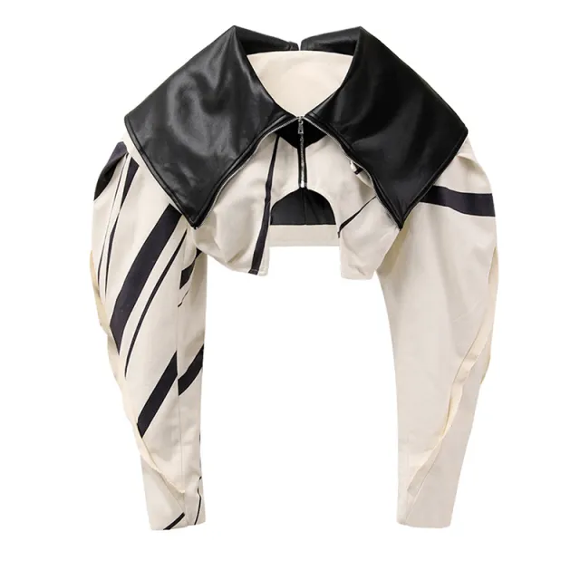 Personalized Heavy Industry Design Short Coat Female Stitching PU Temperament Beige - Shop at LoveMi